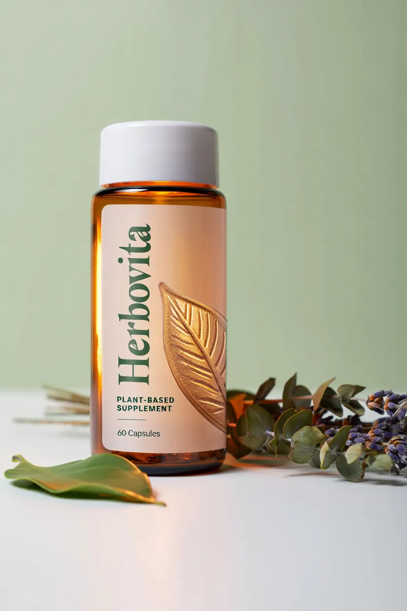 Herbovita plant-based supplement bottle with natural leaf design